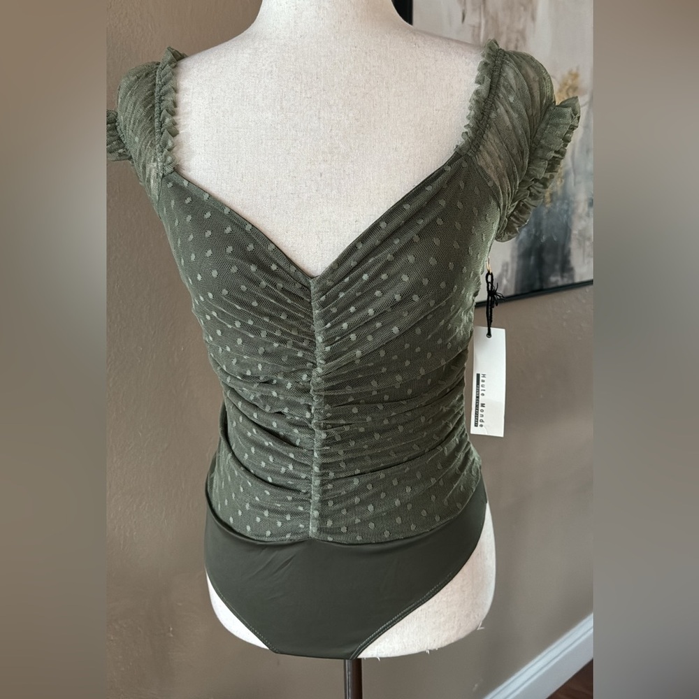 Shirred olive lace bodysuit